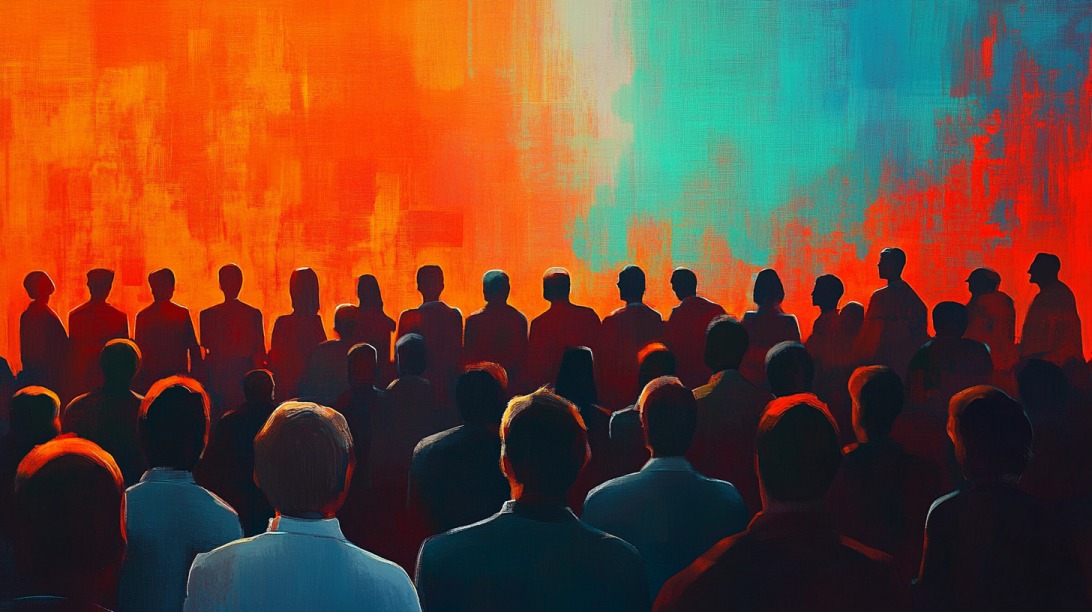 Silhouettes of people facing a vibrant red and teal wall, symbolizing audience engagement and unity