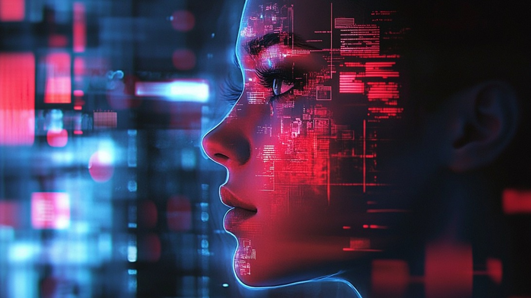 Profile of a woman’s face blended with digital red and blue data graphics, symbolizing data analysis and technology
