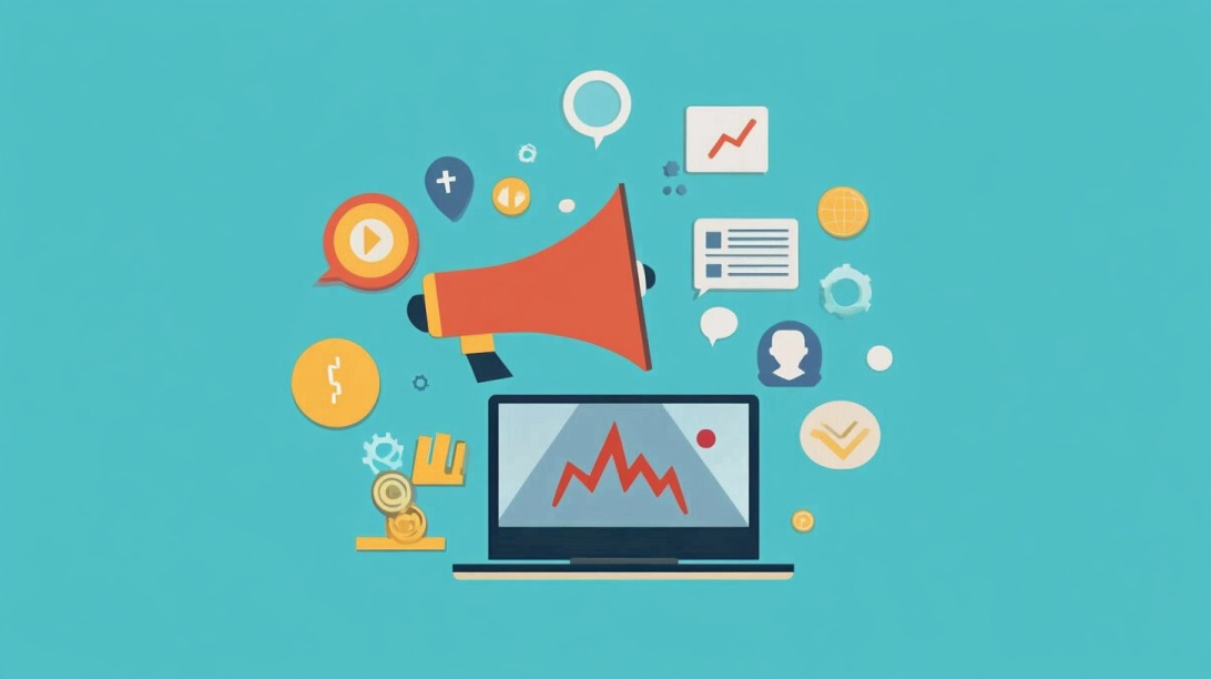 Colorful illustration of a megaphone emerging from a laptop surrounded by digital icons, symbolizing content protection and online promotion
