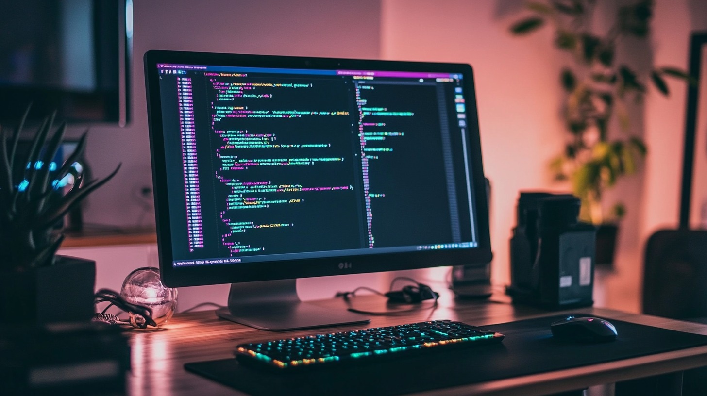 A desktop computer displaying lines of colorful code, with a glowing keyboard and a modern, moody workspace