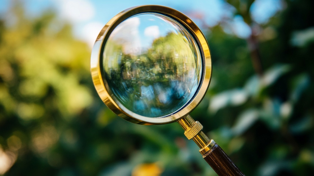 A close-up of a magnifying glass held up to green foliage, symbolizing focus and discovery