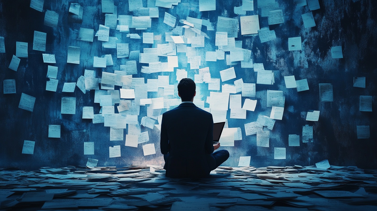 Man sitting with a laptop, surrounded by hundreds of papers on the floor and wall, symbolizing data overload