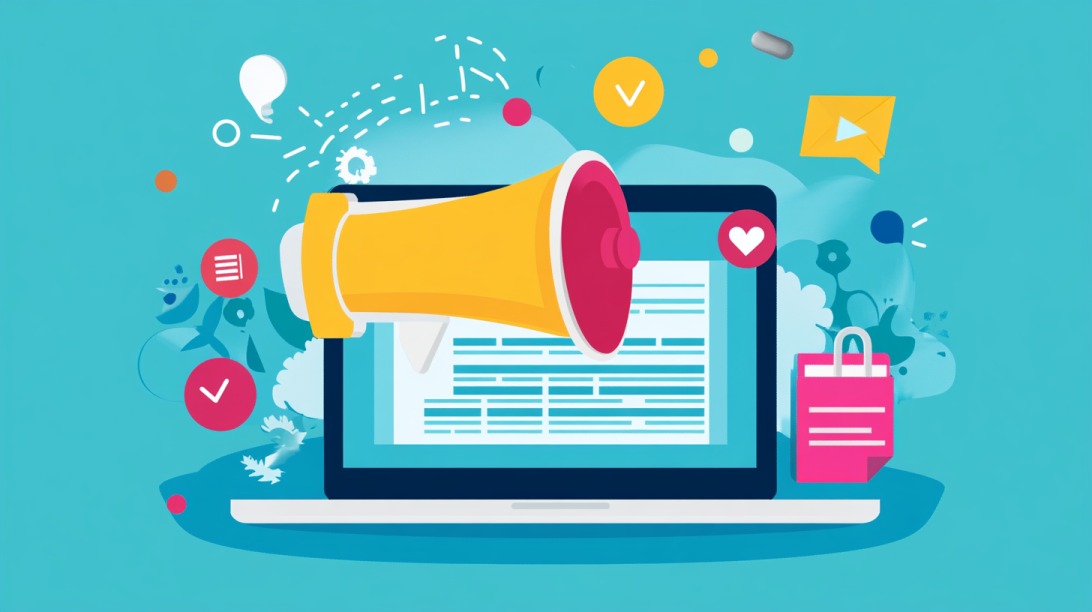 Illustration of a large yellow megaphone on a laptop screen surrounded by icons like check marks, video play button, shopping bag, and heart