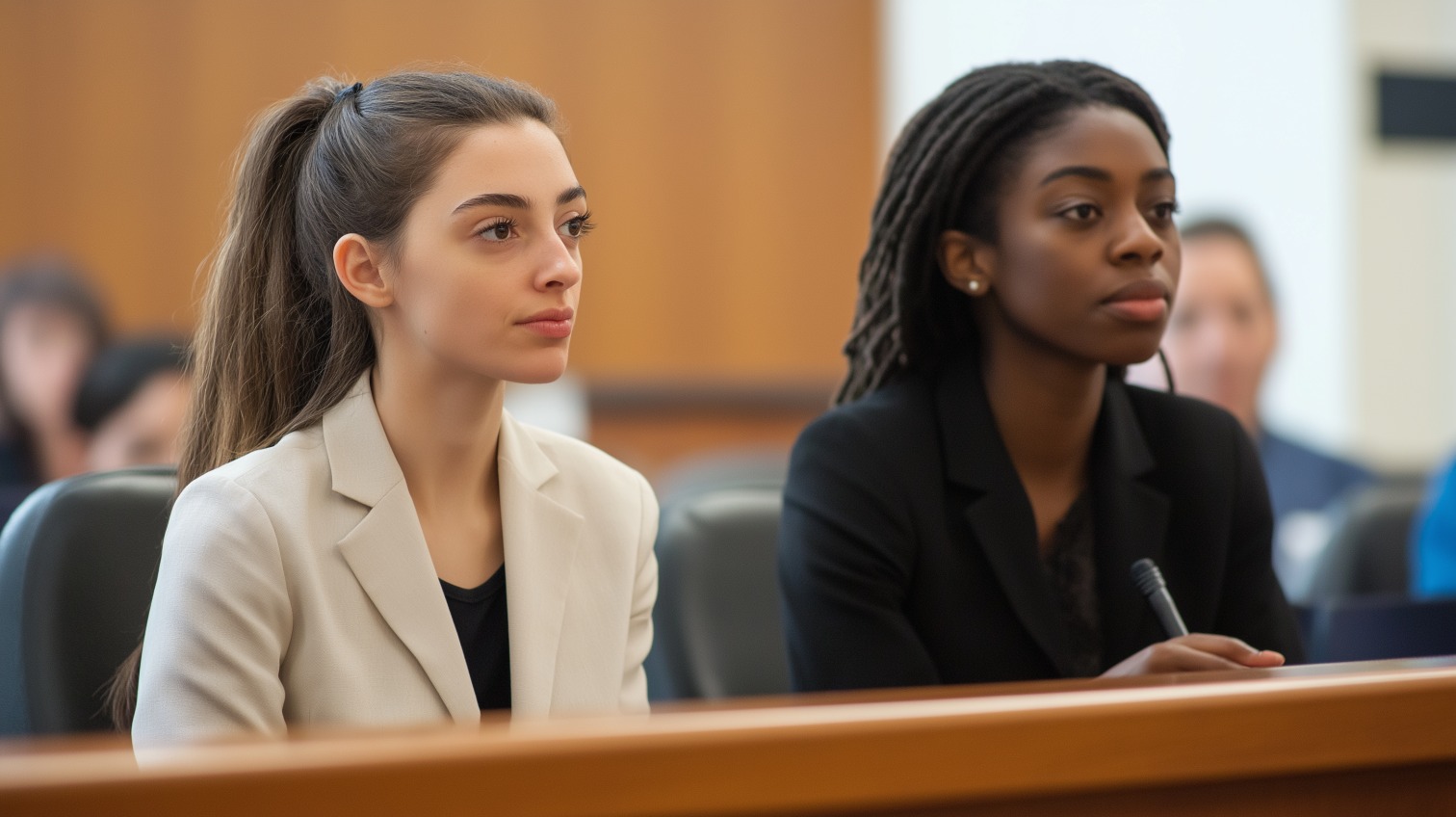 Two professional women attentively listening in a courtroom or formal meeting, one in a white blazer and one in a black blazer