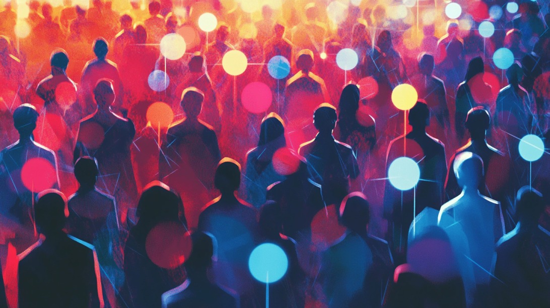Digital artwork of a diverse crowd with glowing network nodes, symbolizing connectedness and audience awareness
