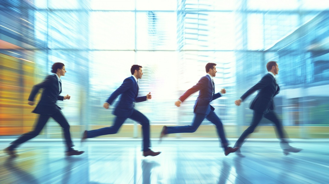 Businessmen in suits racing inside a modern office building, symbolizing competitive observation