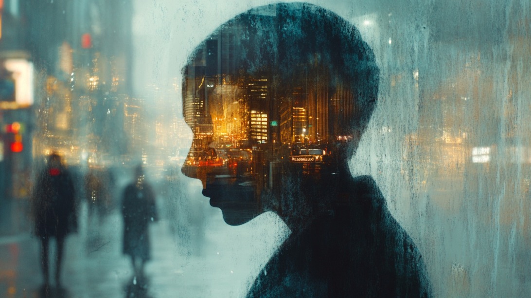 Silhouette of a person with a cityscape overlay, viewed through a foggy window, symbolizing hidden creators behind digital content