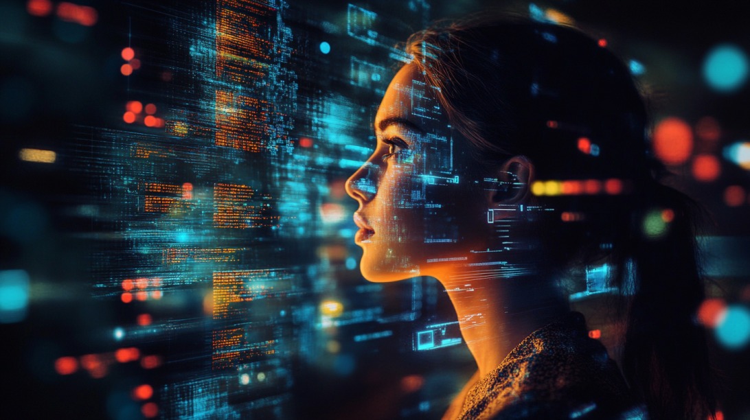 Side profile of a woman facing glowing digital code and data projections, symbolizing technology and content