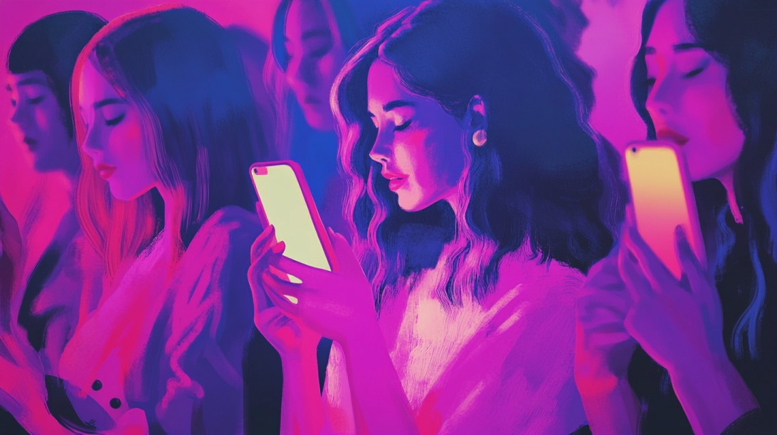 Stylized digital painting of several women using smartphones, with one in the center glowing more brightly to signify standout content in a crowd