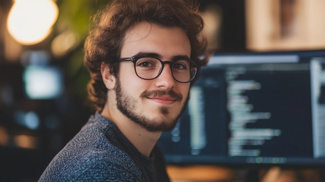 A smiling young man with glasses sits at a desk with code on a computer screen in the background