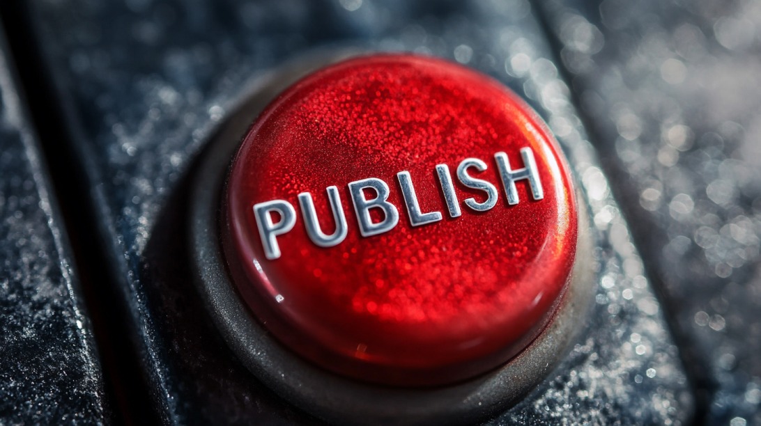 Close-up of a glowing red publish button, symbolizing the final step before content goes live