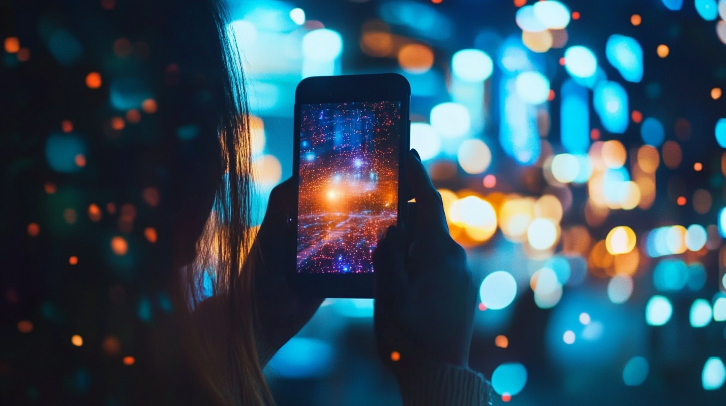 Person holding a smartphone against a backdrop of vibrant city lights, with digital patterns on the screen