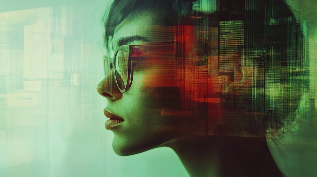 Side profile of a woman with glasses, overlaid with digital and cityscape textures, symbolizing transparency and layered realities in content curation