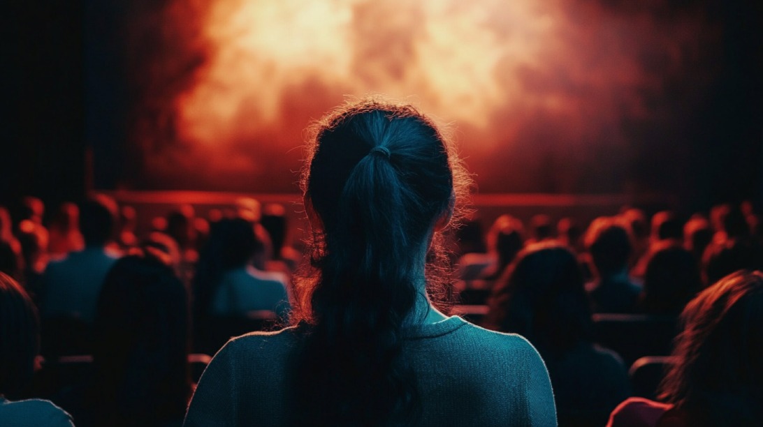 Audience watching a dramatic stage performance with warm red lighting, viewed from behind a woman