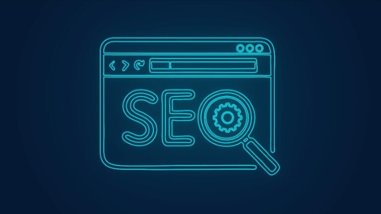 The image shows a neon outline of a web browser with the word "SEO" and a magnifying glass, symbolizing the Impact of SEO on Brand Awareness