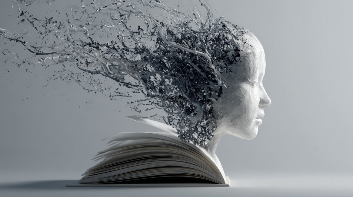 Abstract artwork of a book transforming into a human head made of digital fragments, symbolizing knowledge, creativity, and AI-powered rewriting