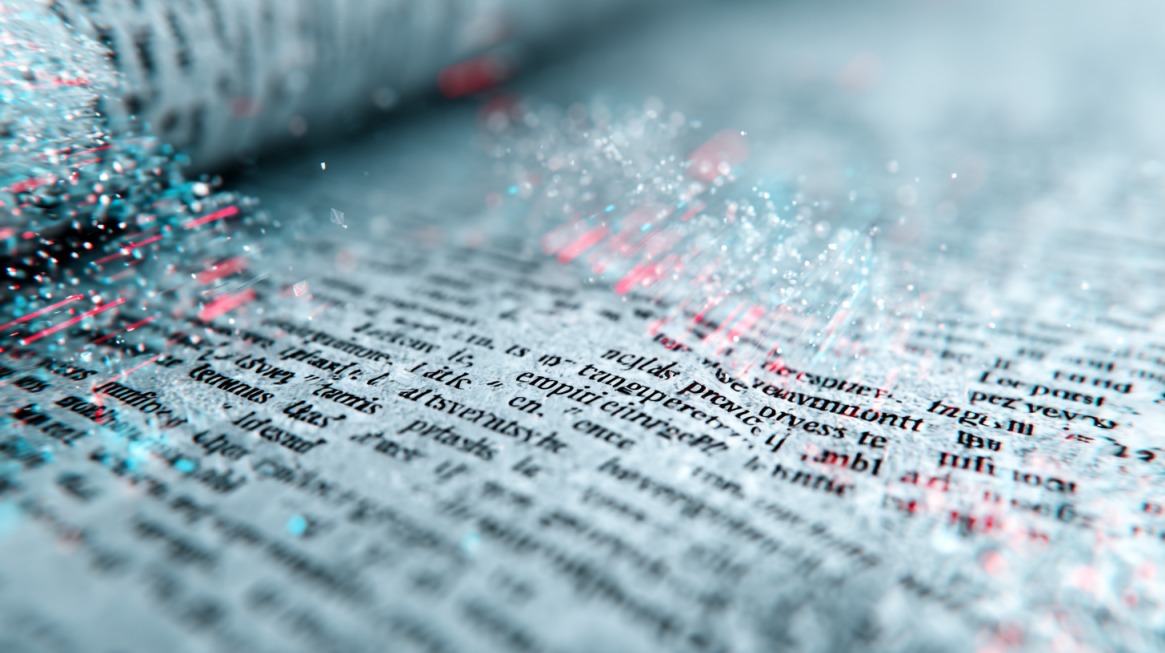 Close-up of text on a page with digital elements and particles dispersing, symbolizing preparation before rewriting AI-generated content