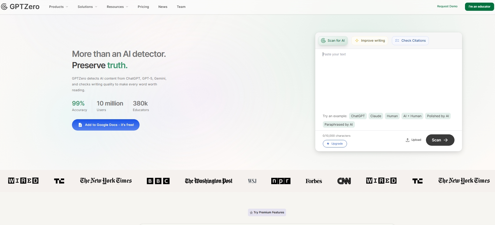 Screenshot of GPTZero homepage showing AI detection tool with text input box and accuracy statistics