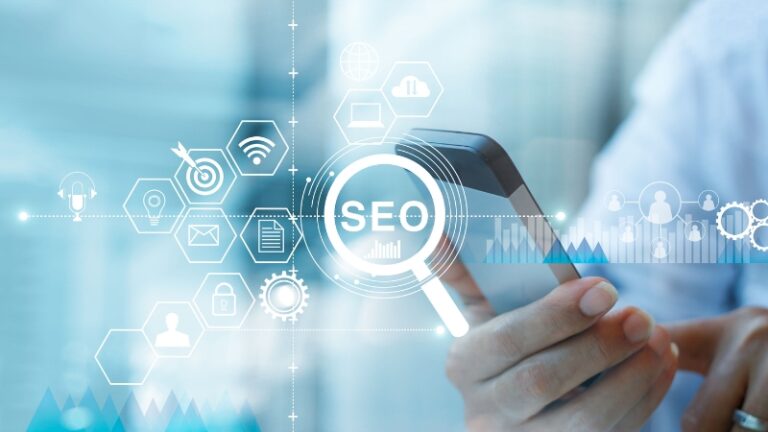 A person uses a phone with SEO icons, showing local SEO for voice search queries