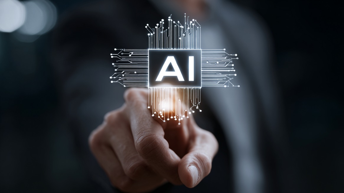 Person pointing at a glowing AI icon with circuit-like connections, symbolizing integration of AI detection tools into digital workflows