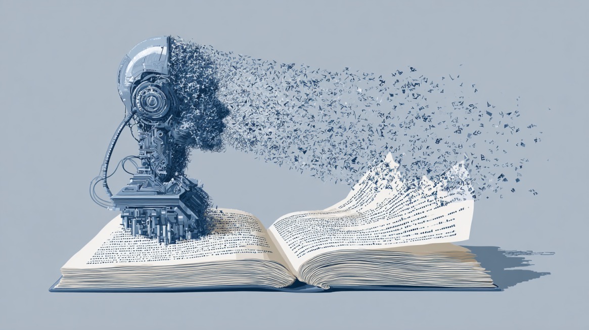 Abstract artwork of a robotic head dissolving into scattered letters from an open book, symbolizing the challenge of maintaining context and meaning during AI text rewriting