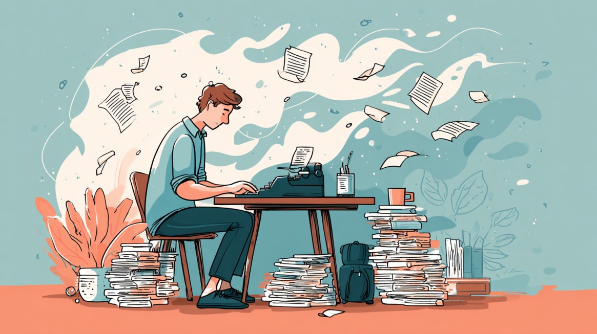 Illustration of a person working at a desk surrounded by stacks of papers and flying sheets, symbolizing quality assurance and refinement in writing