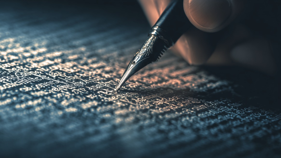 Close-up of a fountain pen writing detailed text, symbolizing the manual process of editing and rewriting AI-generated content
