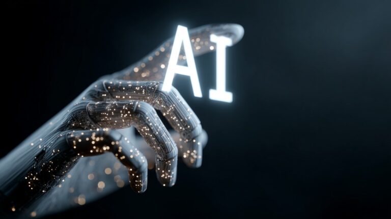 Futuristic robotic hand holding glowing letters 'AI' symbolizing artificial intelligence and its role in content detection