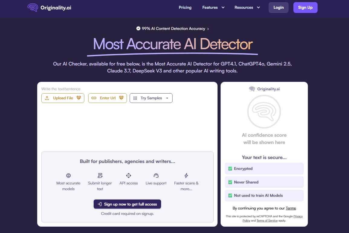 Screenshot of Originality.AI homepage showing AI detection tool with options to upload files, enter URLs, and view AI confidence scores