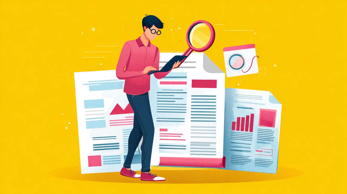 Illustration of a person with a magnifying glass analyzing documents and graphs, symbolizing SEO optimization during the rewriting process