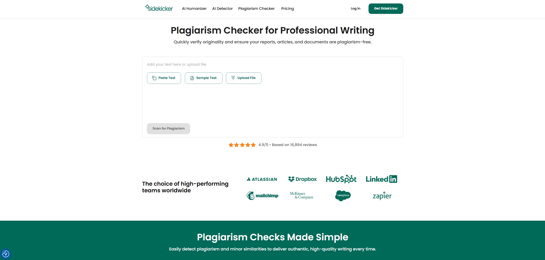 Screenshot of Scribbr plagiarism checker tool with options to paste text, upload files, and scan for plagiarism