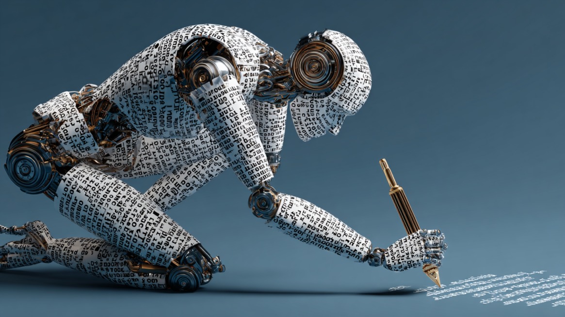 Robot covered in text kneeling on the ground, writing with a pen, symbolizing AI-generated content and the importance of detection tools