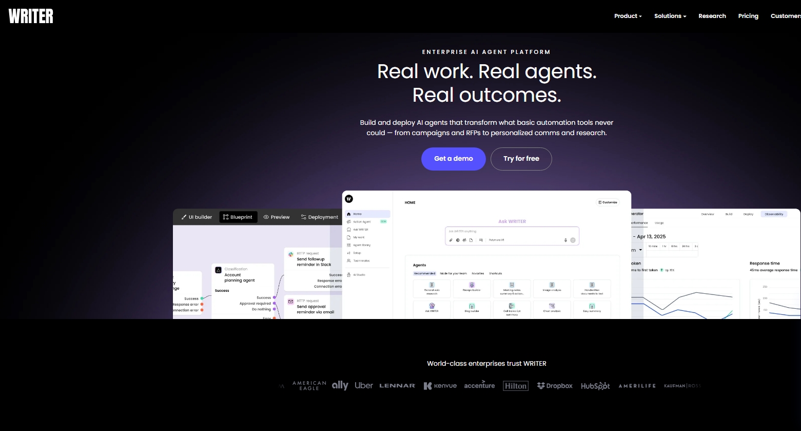 Screenshot of Writer.com homepage showcasing enterprise AI platform with demo and free trial options