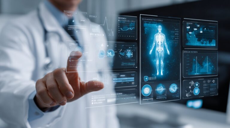Doctor interacting with a futuristic digital medical dashboard showing patient data, charts, and a human body scan