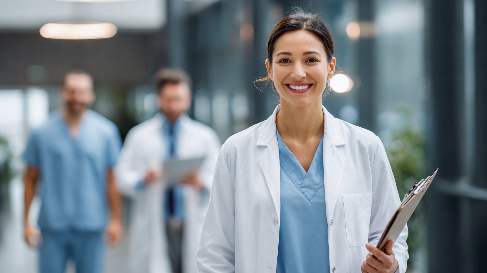 Smiling healthcare professional in a white coat holding a clipboard, with colleagues blurred in the background of a medical facility