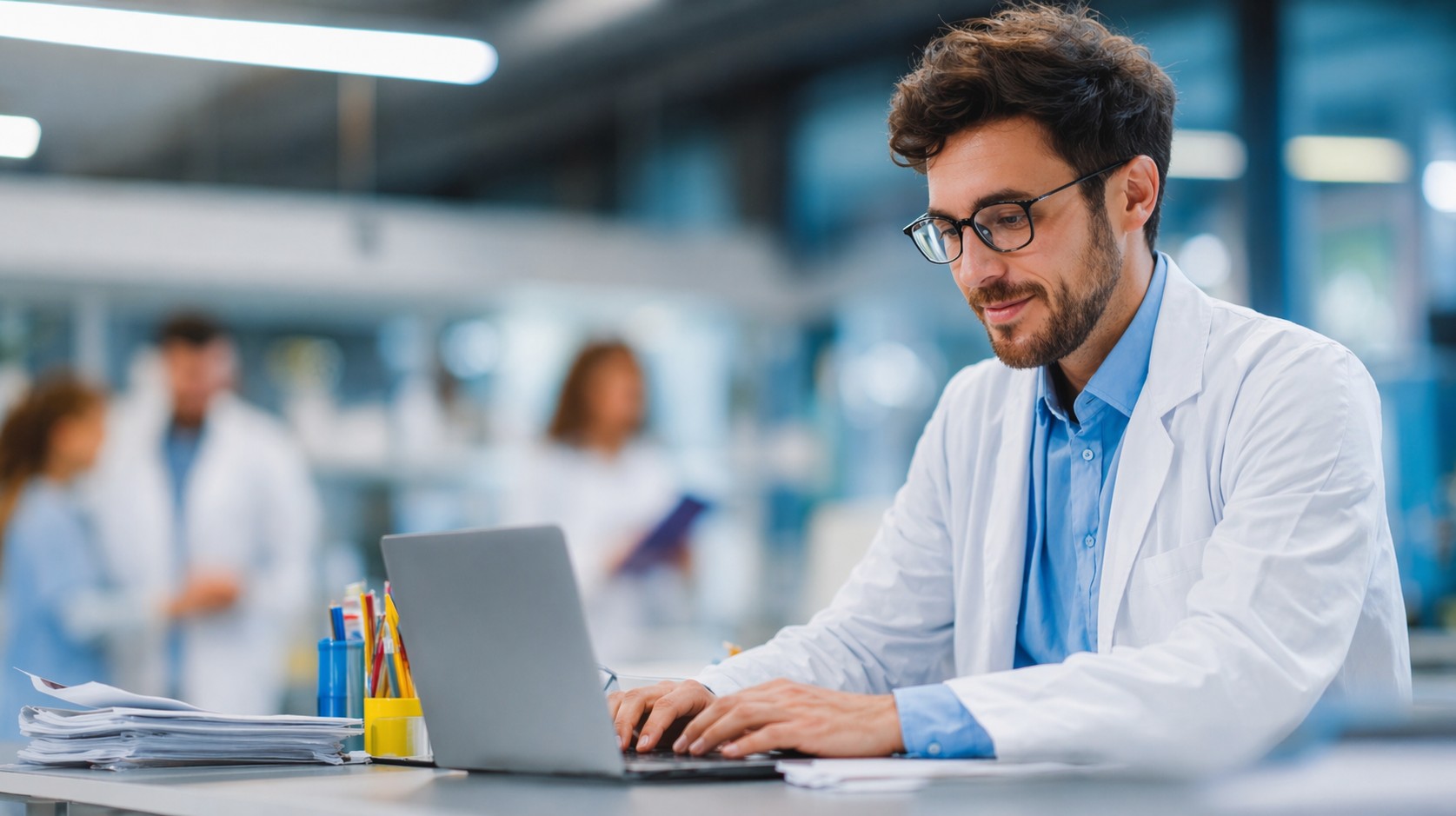 Healthcare professional in a white coat working on a laptop at a desk with papers, while colleagues move in the background