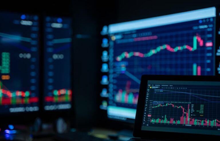 Digital stock market charts on multiple screens